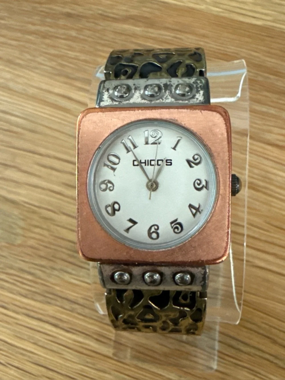 Chico's Two-Tone Square Face Watch in Copper and White W/ Leopard Print Cuff